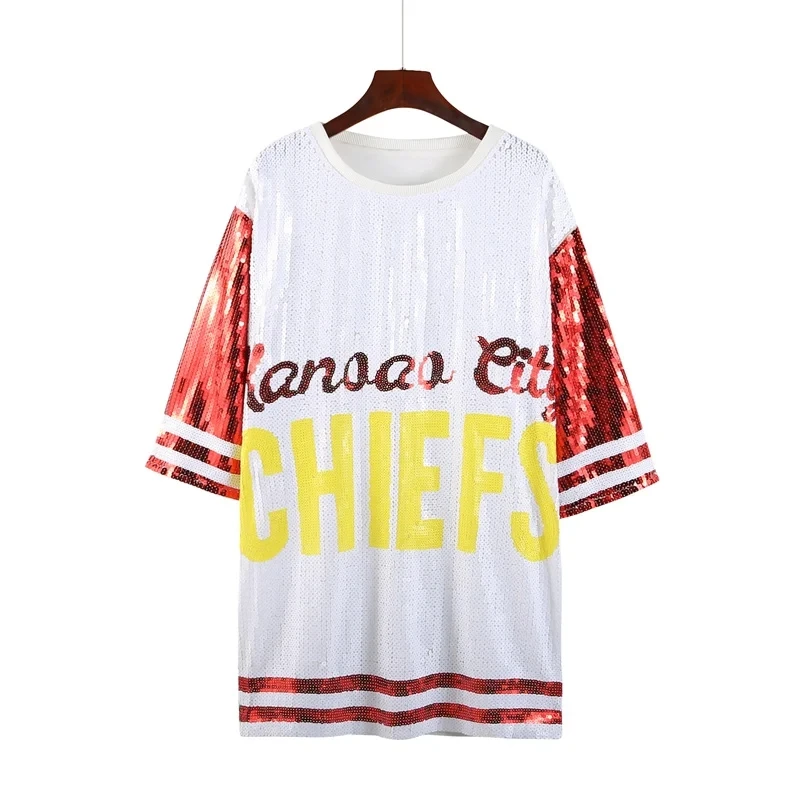 

Новая женская летняя футболка с буквенным принтом и пайетками, в стиле стритвир, с коротким рукавом, прямым кроем и круглым вырезом, женский топ