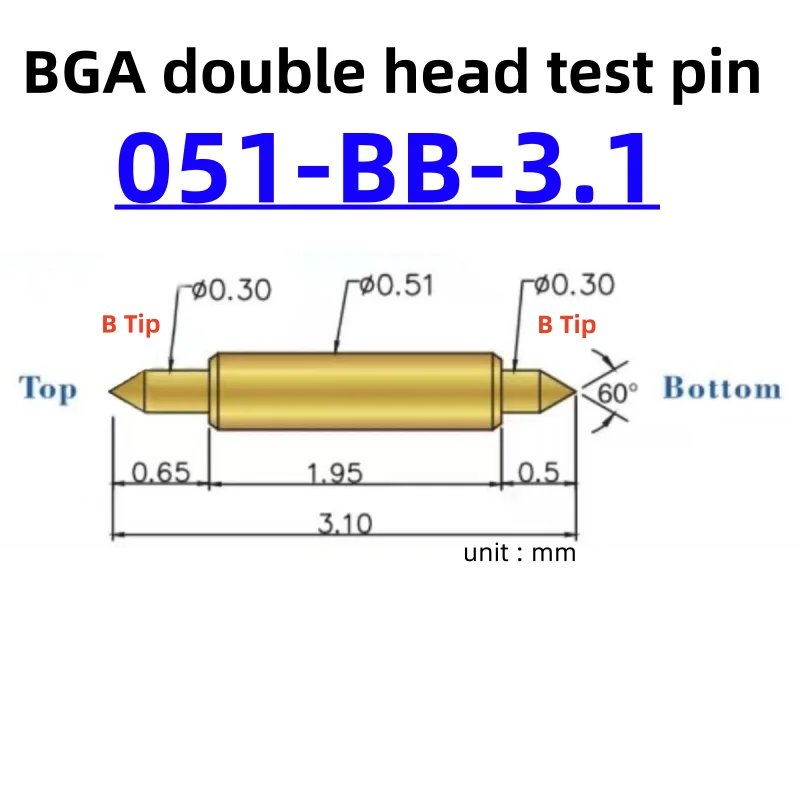 100pcs Double-ended Test Needle Test Probe BGA Semiconductor Probe 051-BB-3.1L Telescopic Spring Test Pin 3.1 Pogo Pin