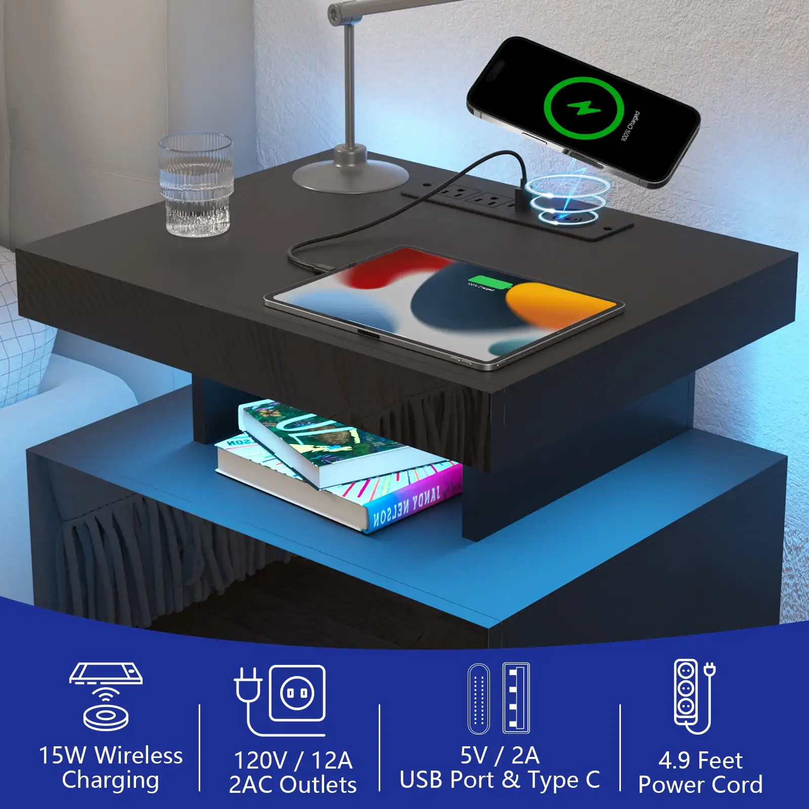 Wireless Charging Station Modern Nightstand Type C USB Port 2 Drawers Bedside Table Black Smart Night Table High Gloss End