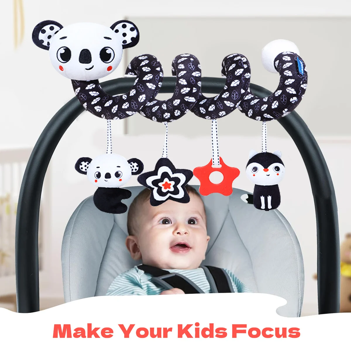 Baby pluche spiraal hangend speelgoed voor kinderwagen wieg autostoel, hangend rammelaar speelgoed voor wieg mobiel, hoog contrast speelgoed voor pasgeborenen