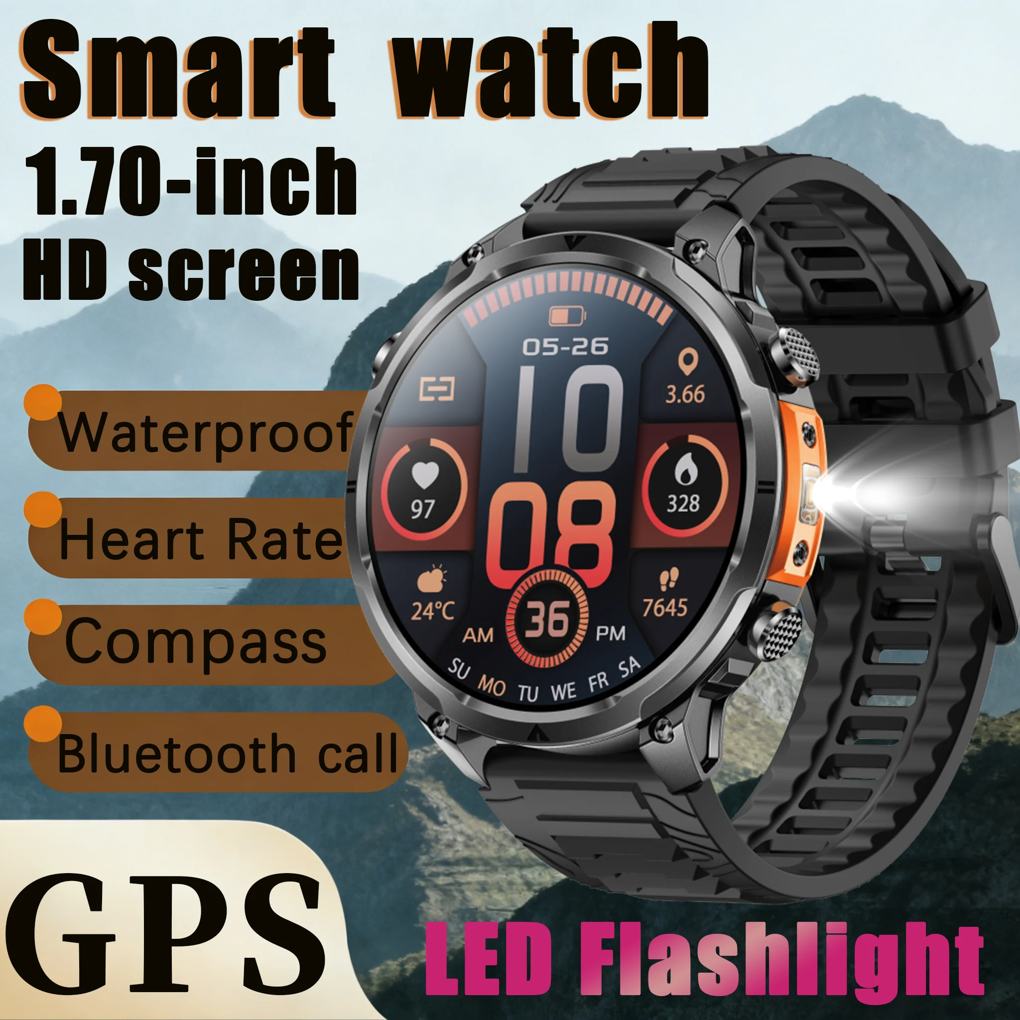 

2026 new smart watch 1.7''HD screen IPX68 waterproof 720mAh large battery LED Flashlight watch GPS Bluetooth call Outdoors MAN
