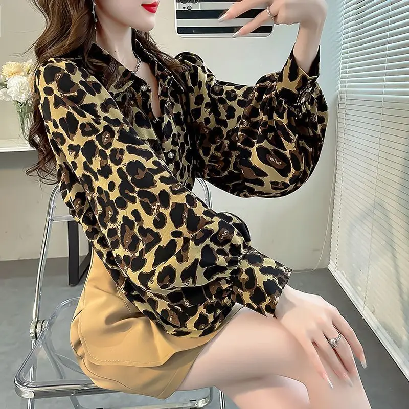 Summer New Women\'s Printed Leopard Polo Neck Shirts Fashion Korean Commute Loose Lantern Sleeve Single-breasted Chiffon Blouses