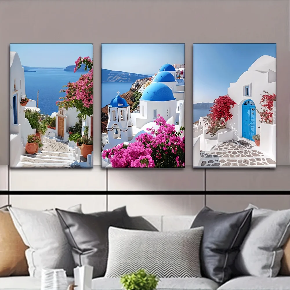 （Noframe 3PCS）-2D Flat, 3pcs/set Greek Aegean Sea & Greek Islands Canvas Paintings - Abstract Greek Island Suitable for Offic