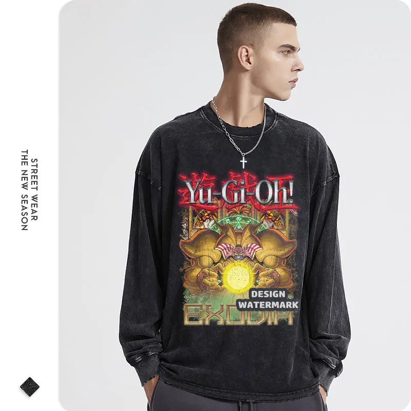 Anime yu gi oh camiseta de manga longa olhos azuis dragão branco mágico preto vintage lavado mangá moletom oversized masculino menina