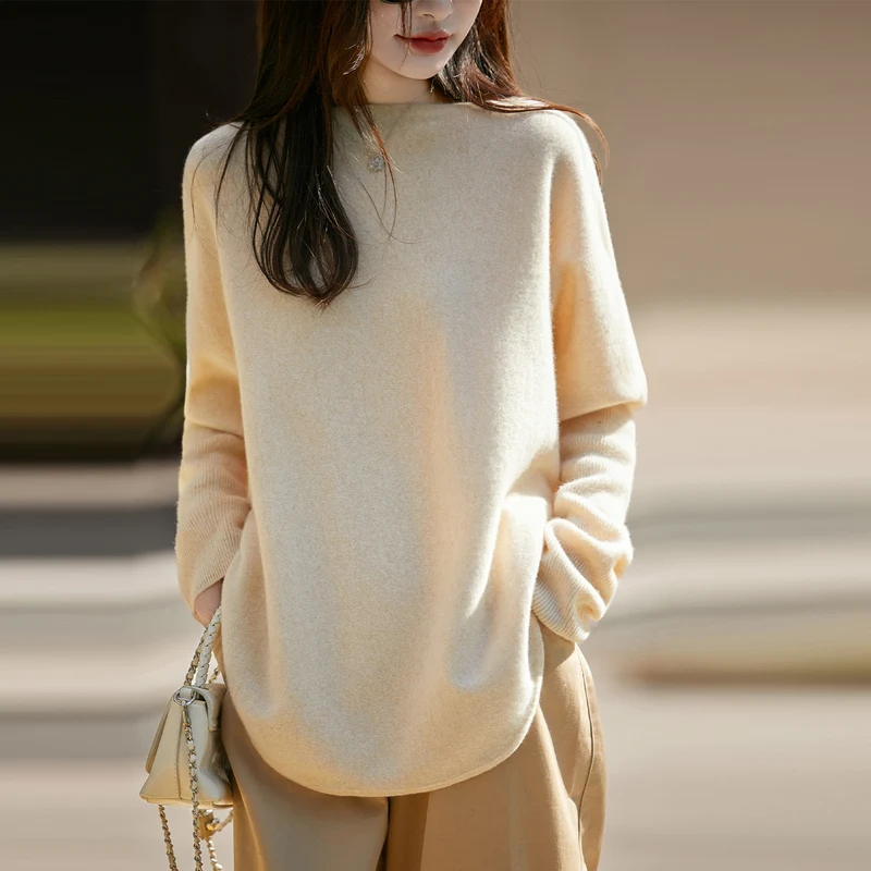 Women's Sweater 100% Pure Wool One Neck Knitted Pullover Fashion Korean Version Bat Sleeve Tops Loose Knit Sweater Autumn Winter