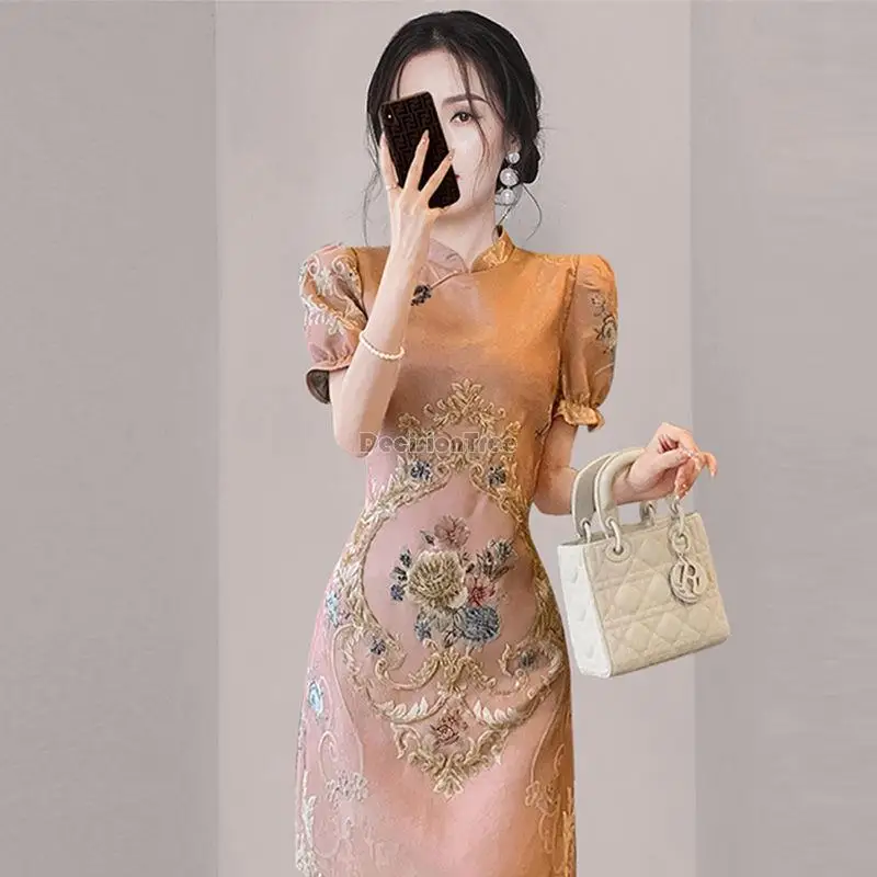 2024 chinese style improved cheongsam dress vintage style women\'s dress chinoiserie retro embroidery a-line skirt floral qipao