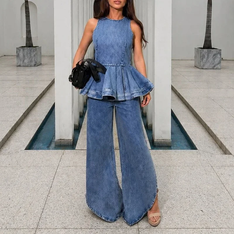 Summer Simple Solid Denim Two Piece Set High Street Loose Fashion Suit O Neck Sleeveless Vest Top and Pants Women Casual Outfit