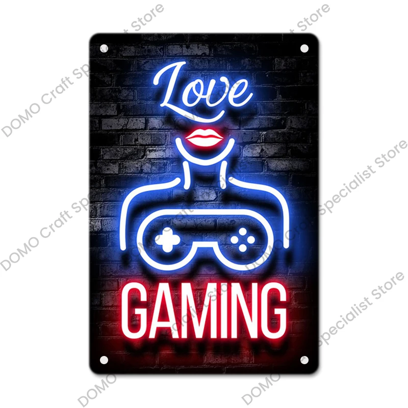 Neon Gaming Gamer Poster Vintage Metal Tin Signs Sleep Game Retro Metal Plaque Wall Art Decor for Boys Girls Playroom Home