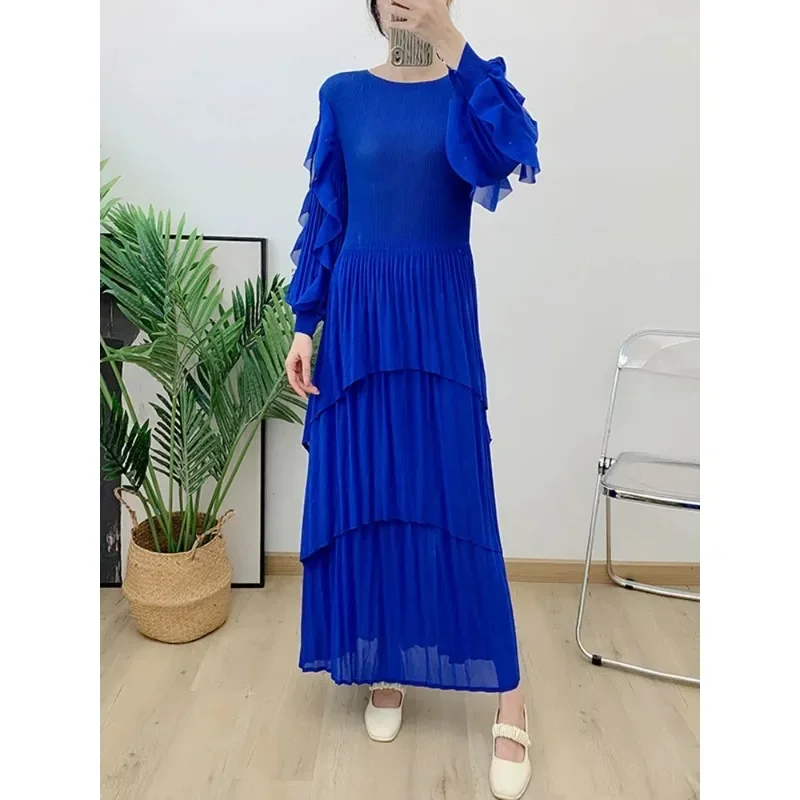 YUDX Miyake Patchwork Ruffles Pleated Dress Women Chic Style Fashion Round Collar Full Sleeve A Line Irregular Hem Elegant 2024