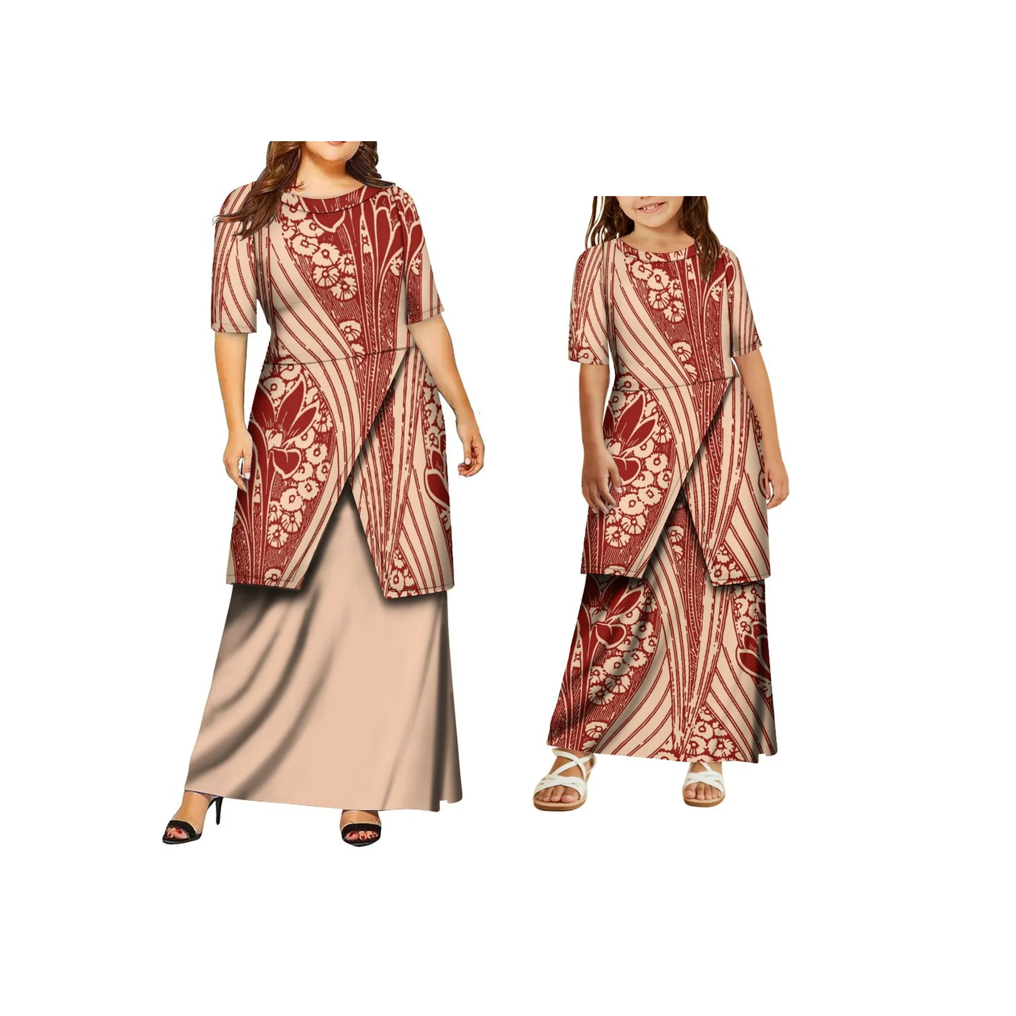 맞춤 폴리네시아 섬 디자인 엄마와 딸 O넥 사모아 풀레타시 세트 여성용 투피스 의상 세트 드레스