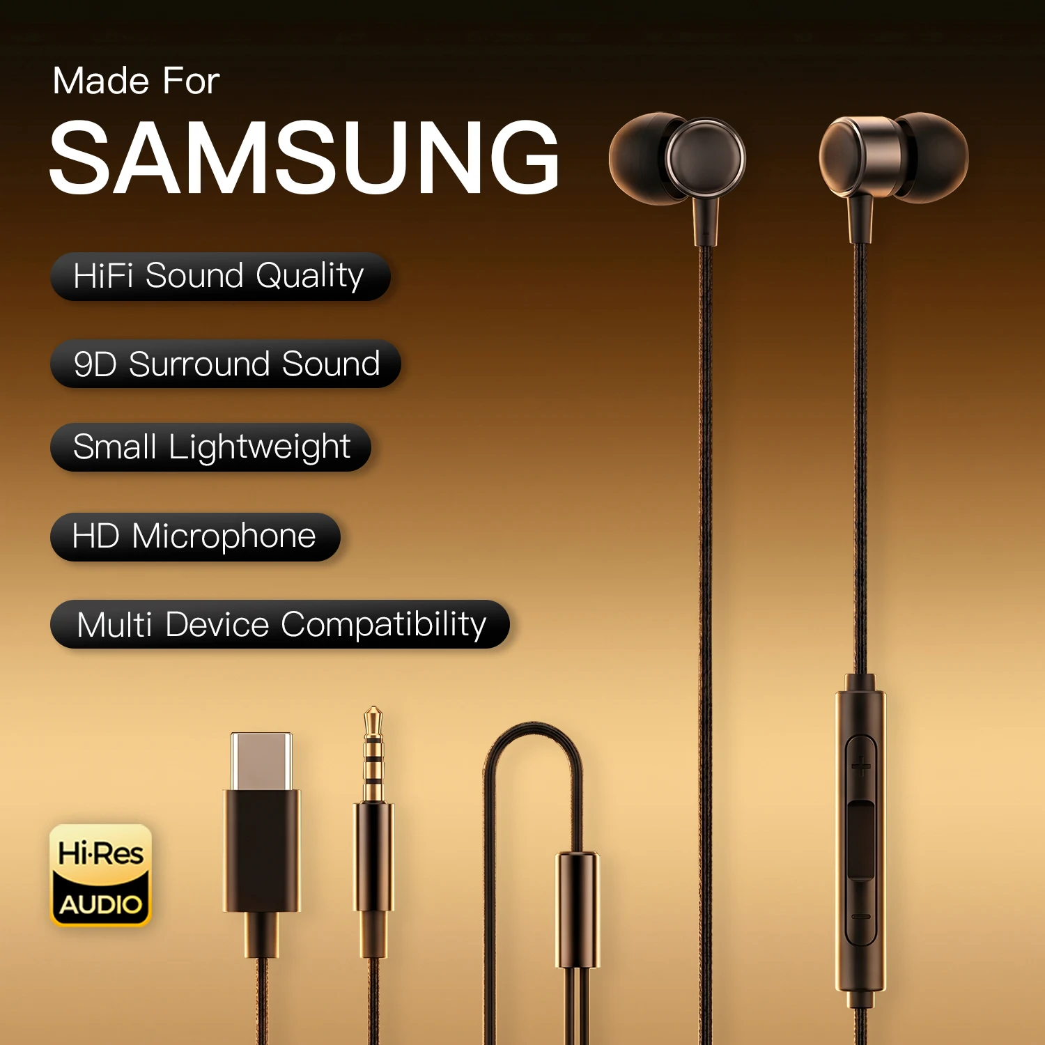 Type C Wired Headphones HiFi Sound Quality Built In HD Mic 3.5mm Earphones For Samsung Galaxy S26 S25 S24 S23 S22 In-ear Headset