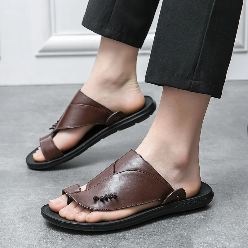 Flip-Flop Summer Style Men\'s Genuine Leather Sandals for Men Slippers Soft Breathable Home Casual Lightweight Designer Luxury