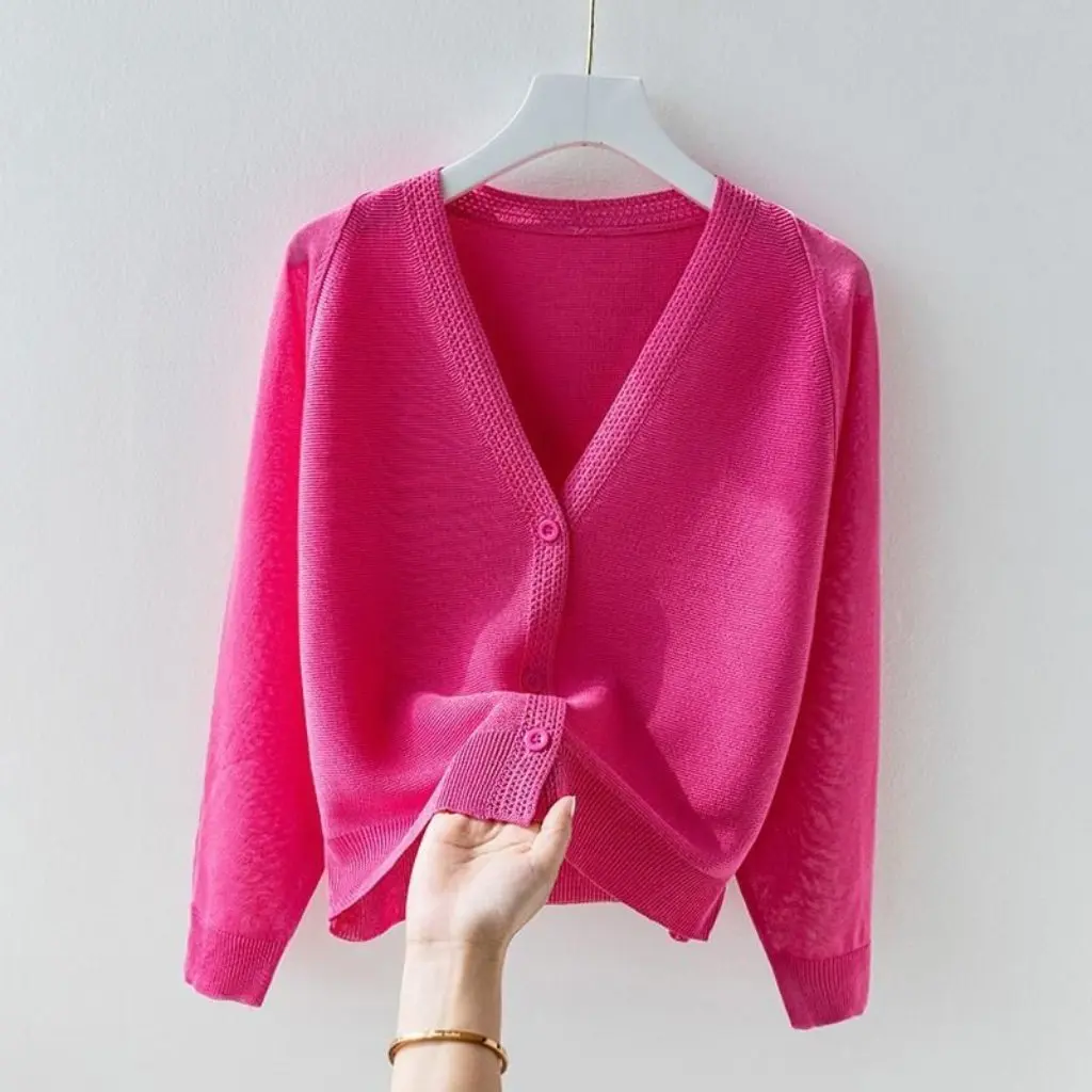 

Женский летний вязаный кардиган из ледяного шелка, свободный универсальный солнцезащитный короткий тонкий пальто, элегантная рубашка-топ с юбкой