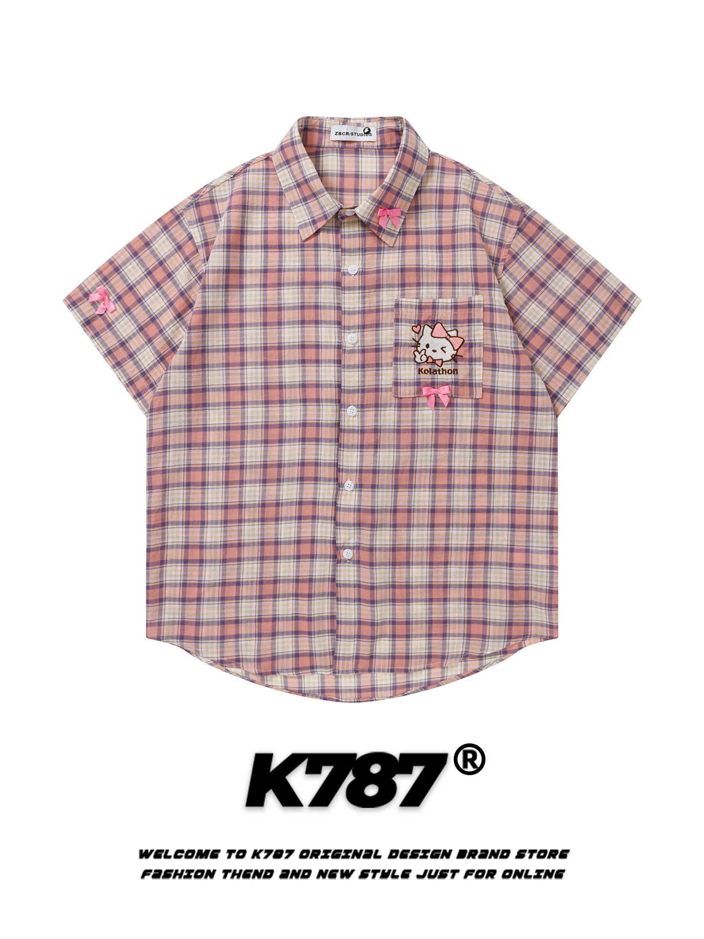 

Футболка K787 в американском уличном стиле с мультяшной вышивкой, свободная повседневная рубашка в клетку для молодежи, парная, хлопковая, осенняя одежда