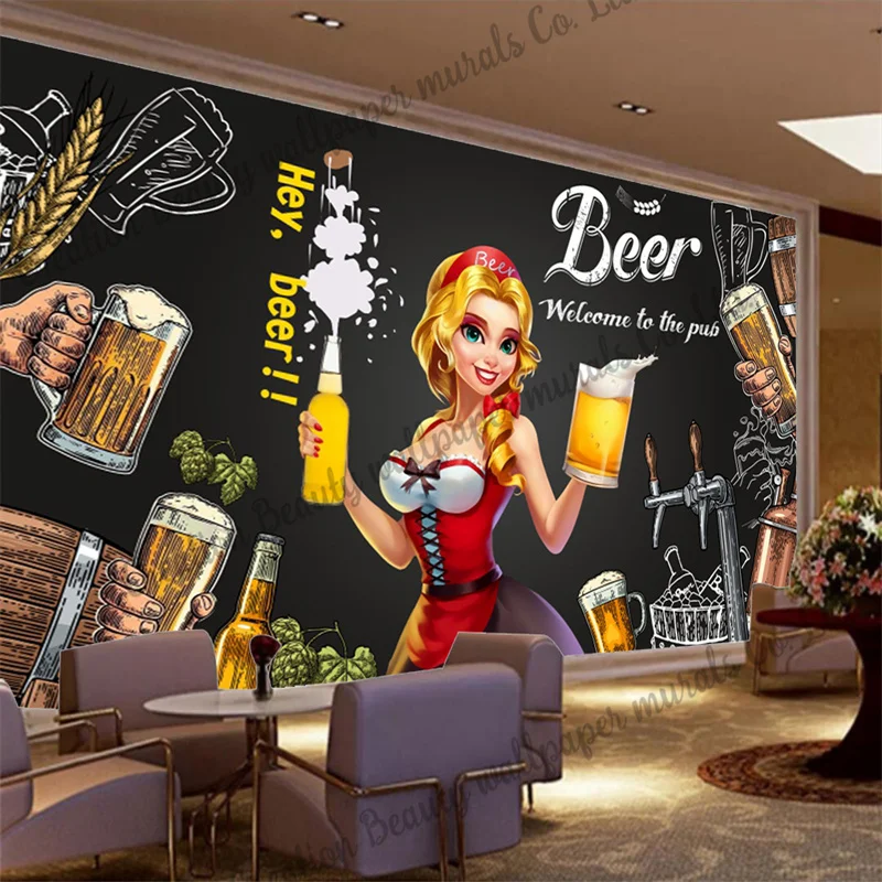 

Hand Painted Beer Girl Wallpaper Industrial Decor Mural Bar KTV Club Restaurant Pub Background Contact Paper Papel De Parede