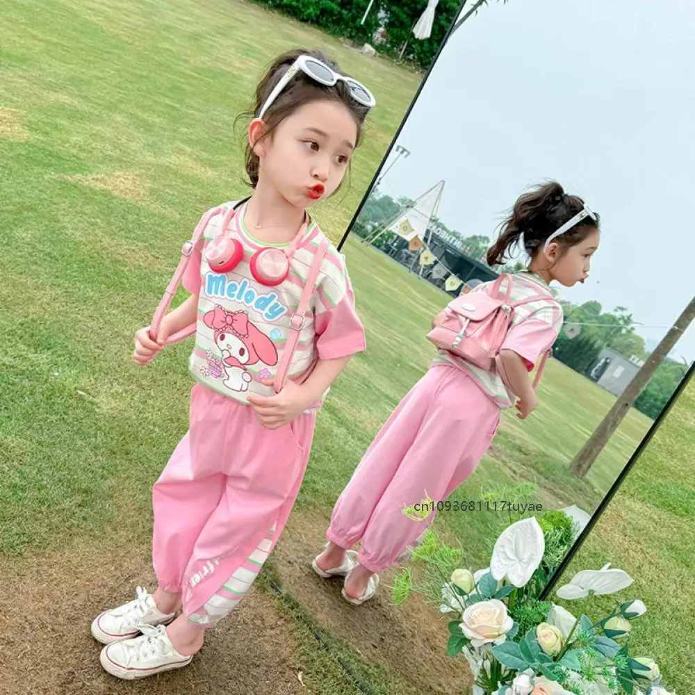 2Pcs Cartoon Kuromi Melody Children's Sweat Set Anime Sanrio Girl Summer Stripe Short Sleeve T-Shirt Korean Fashion Casual Pants