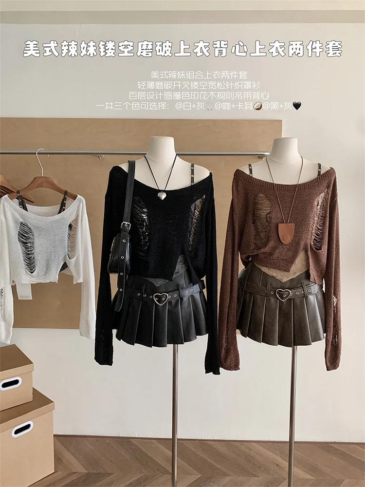 Women Korean Shoujo Long Sleeve Damage Knit Crop Tops Two Piece Sets Harajuku Y2k Streetwear Gyaru T-Shirts Coquette Tees 2000s