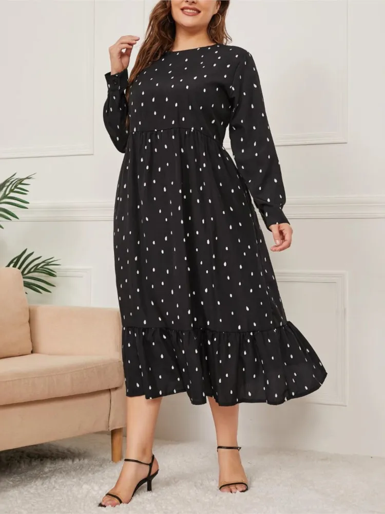 Plus Size Herfst Polka Dot Print Jurk Vrouwen Ruche Mode Losse Geplooide Dames Jurken Lange Mouw Vrouw Lange Jurk