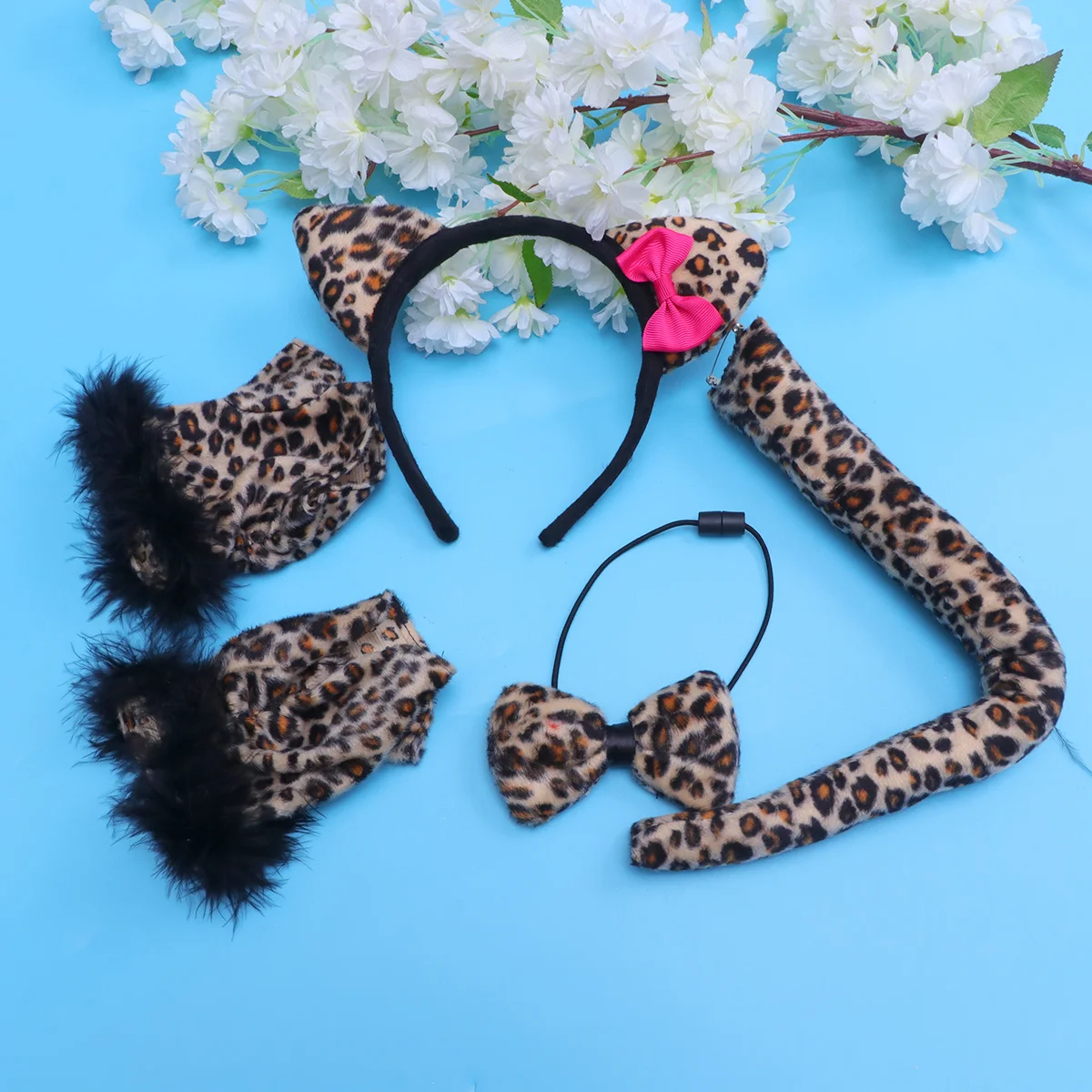 4Pcs Leopard Hair Set with Tail and Tie Stylish Kids Party Supplies for Holiday Performance Animal Themed Cosplay Accessory