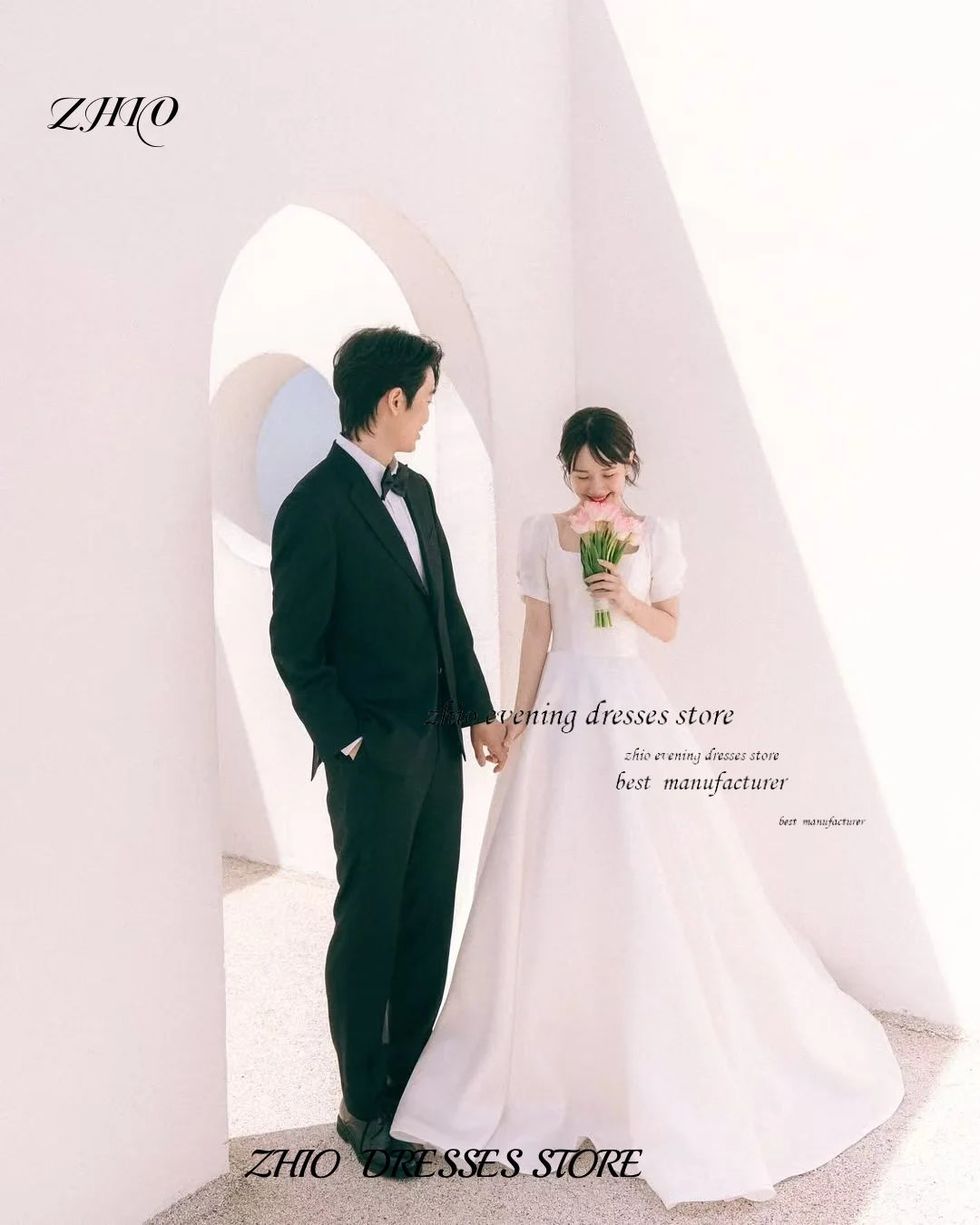 ZHIO ที่กําหนดเองสแควร์คอแขนสั้นซาตินชุดแต่งงานเกาหลี A-Line Corset ความยาวชั้นงานแต่งงาน