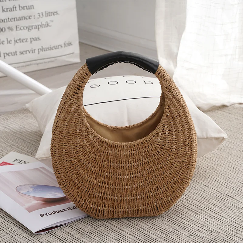 Korean Style Handheld Grass Woven Bag 2023 New Summer Women\'s Handwoven Handbag Leisure Fashion Beach Vacation Simple Round Bag