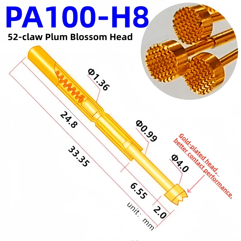 20/100PCS PA100-H8 33.35mm 52-claw Plum Blossom Head 4.0mm Needle Spring Test Pin P100-H8 Dia 1.36mm Test Probe Pogo Pin P100-H