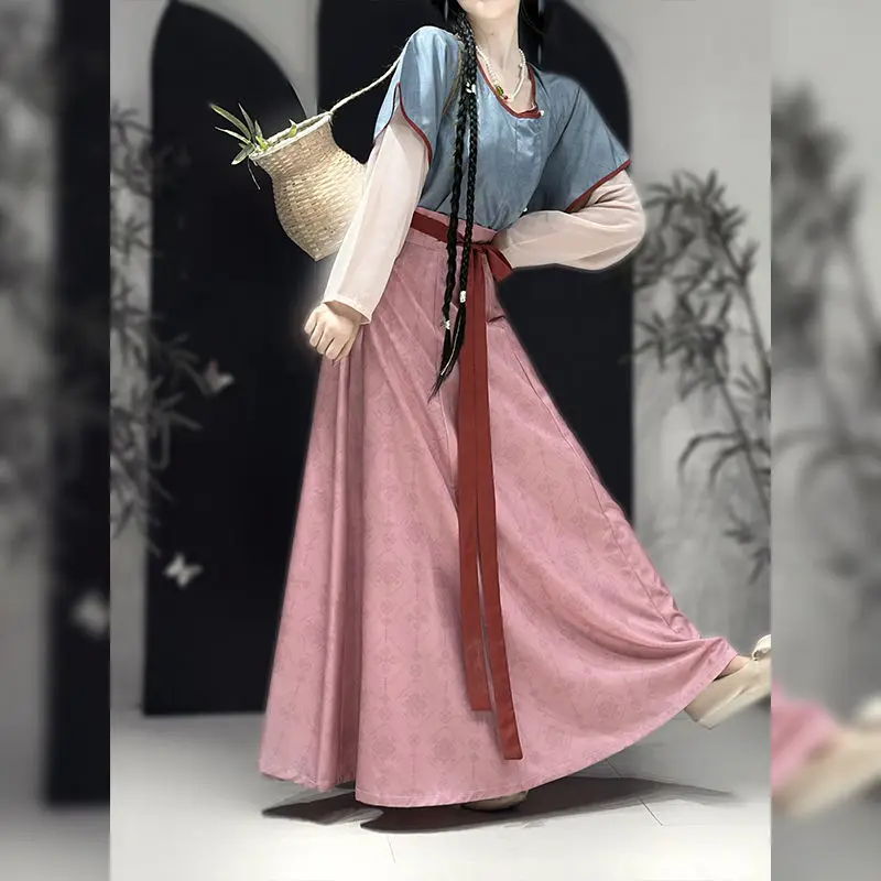 

Authentic Chinese Traditional Outfit Chinese Cosplay Hanfu Dress - Dunhuang Print Tang Beizi with Round Neck & Qiyao Po Skirt