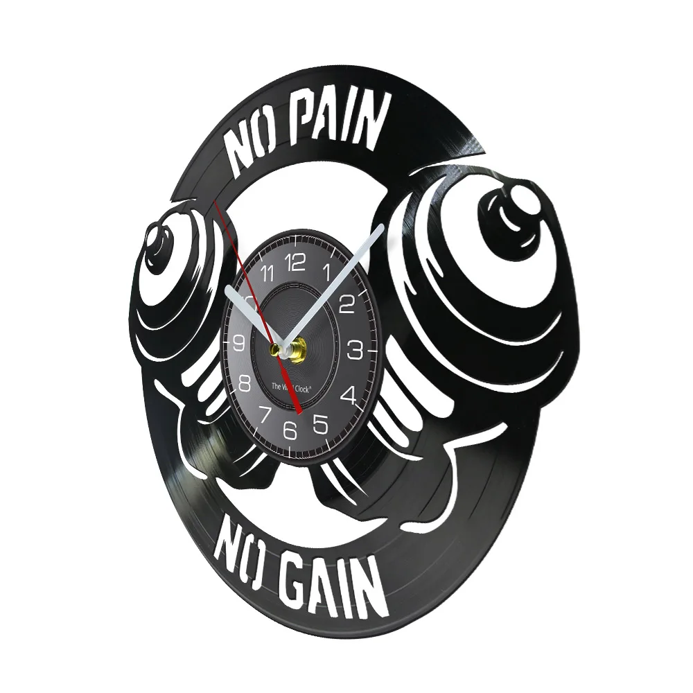 Workout Dumbbell Wall Clock No Pain No Gain Cross fit Motivation GYM Fitness Sign Wall Decor Vinyl Record Clock Gift For Him