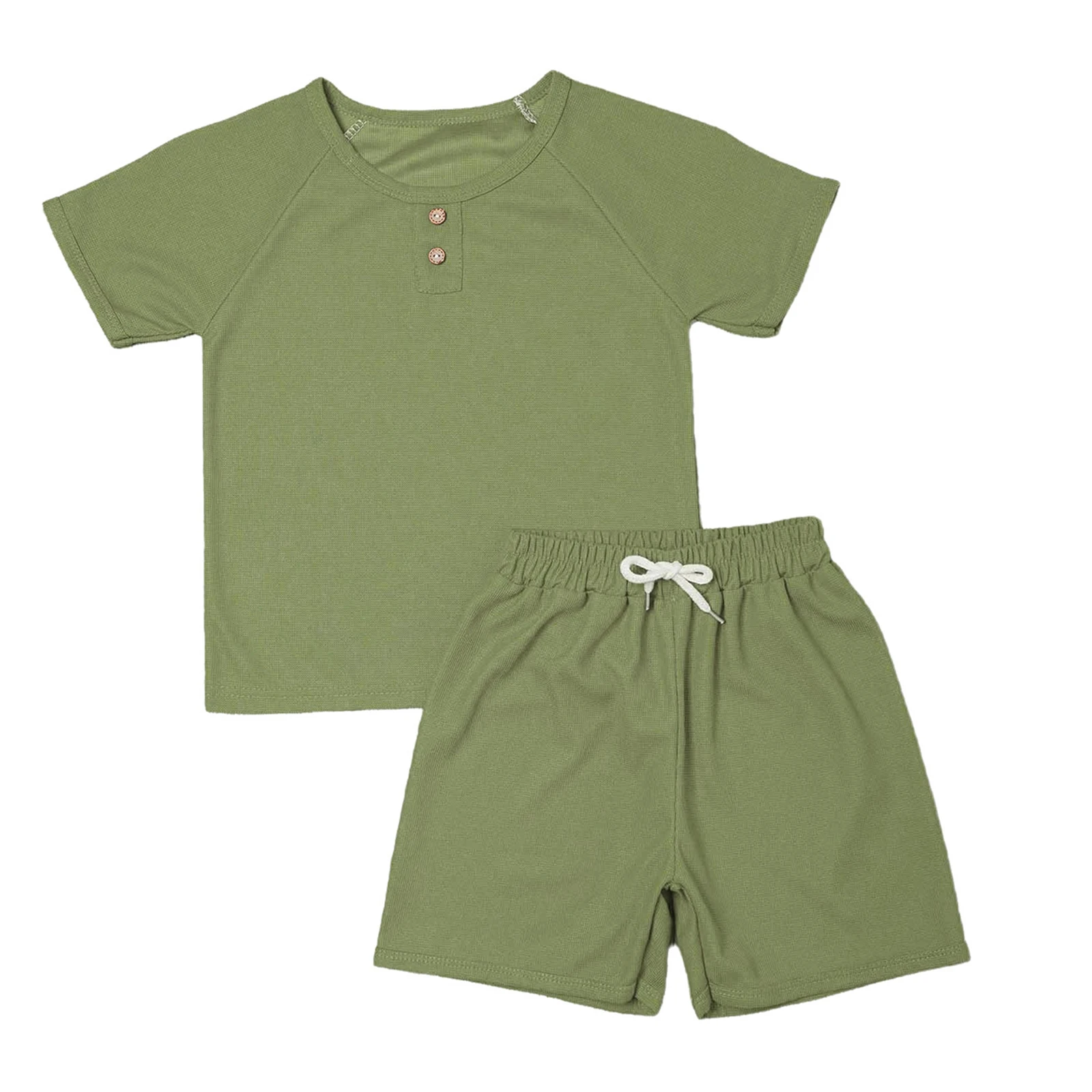 

Kids Boys Girls Waffle Texture Outfit Summer Soft Short Sleeves Shirt Top+Bow Elastic Waistband Pants for Holiday Vacation Beach