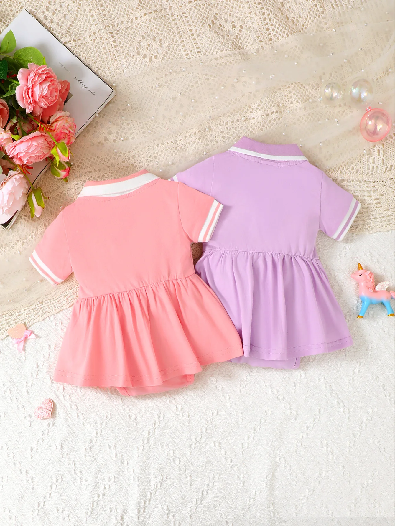 Baby Girl's Polo Collar Romper Set Short Sleeve Outfit with Skirt Patchwork Design Cute Horse Print Casual Sporty Style Two-Piec