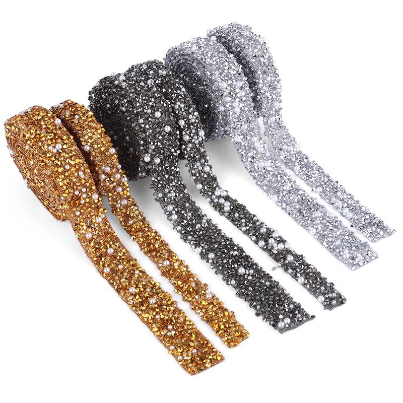 QIAO Rhinestones Trim with Pearls Beads Glitter Crystal Tapes Clothing Dresses Decoration Applique Rhinestones Ribbons Trimming