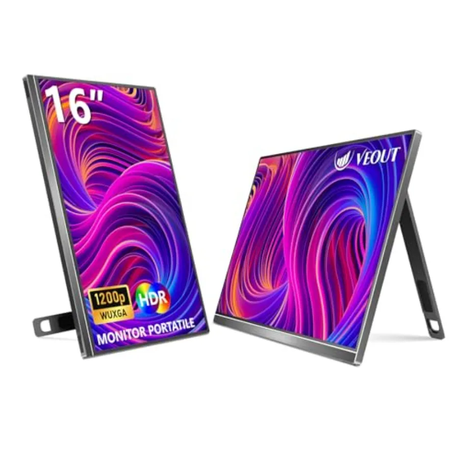 

16" 1920×1200P IPS Portable Monitor for Laptop, Side/Vertical Monitor with Stand, USB-C and Mini HDMI, Second Screen for PC, Ma