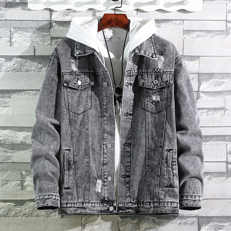 

Мужская весенняя джинсовая куртка Slim Fit в корейском стиле, модная, повседневная, с длинными рукавами, молодежная, с квадратным воротником, на одной пуговице