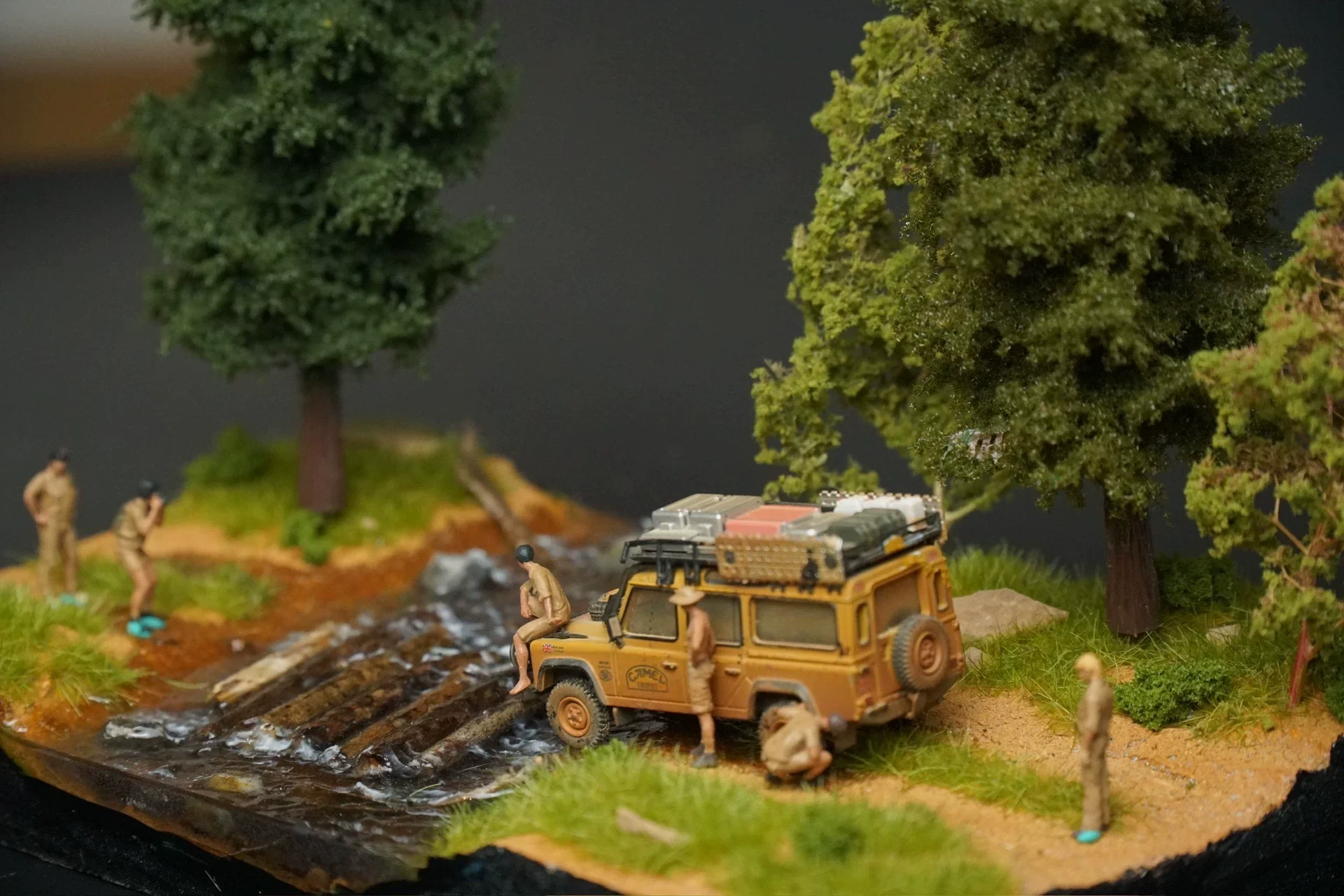 1:64 scale car miniature model diorama, woodland base with river and waterfall