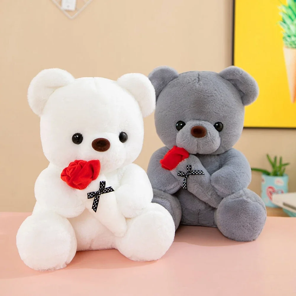 25CM Lover Rose Teddy Bear Holding Flowers Solid Color Super Soft Bear Doll Sent Lover Friend Birthday Festival Wedding Gift