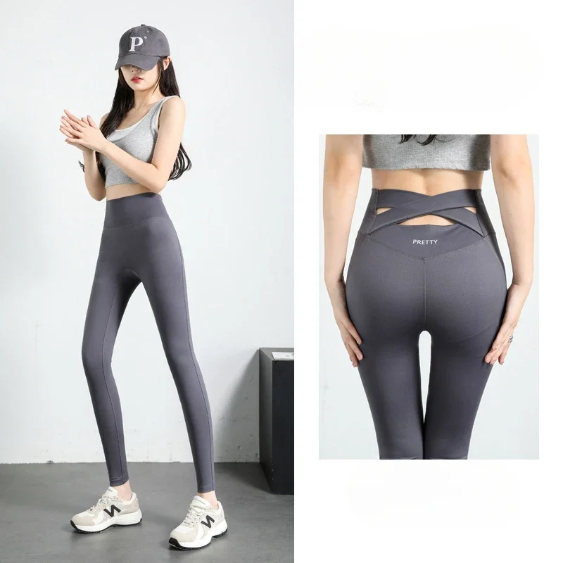 Nude Sports Yoga Pants Women\'s Shark Pants Autumn New Thin Elastic Cross-waist Barbie Pants Tight Leggings