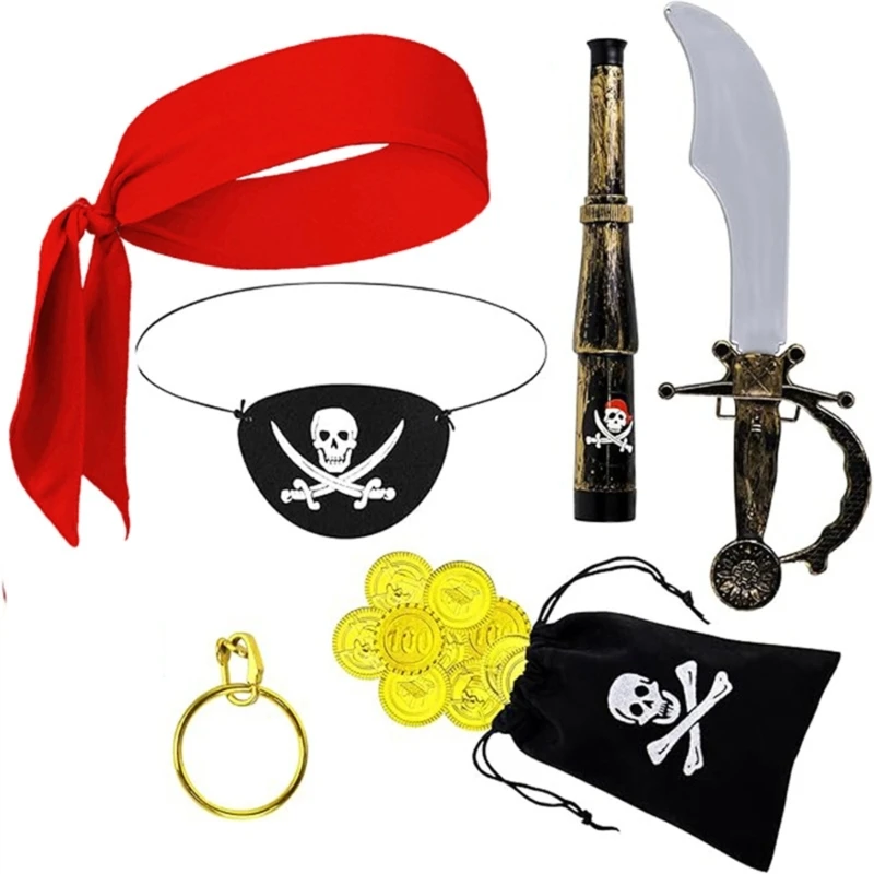 HX6F Halloween Pirate Costume Accessories Tie Headband Pirate Hat Pirate Eye Patches Golden Earrings for Kids Toddler