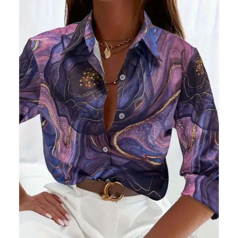 New 2024 Women's Long Sleeve Shirt with Button Tropical Leaf Print Personalized and Comfortable Collar Women's Spring and Autumn