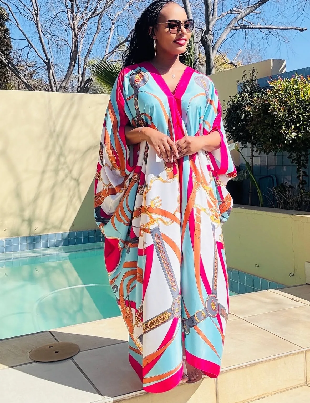 Summer Beach Wear Loose Kaftan Dress Designer Print Silk Caftan Women's Silk Kaftan Full Length Abaya Kuwait V-Neck Long Abaya