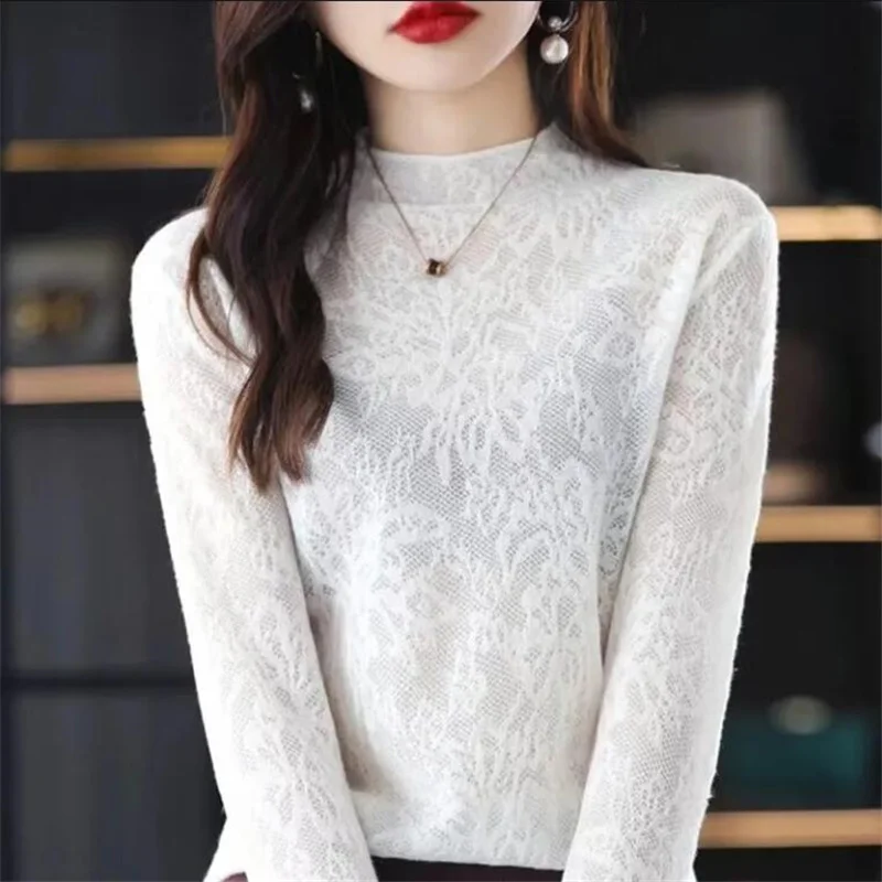 Lace Hollow knitted Sweater Women Thin Jumpper Top Autumn Woman Tee Solid Color Bottoming Half Turtleneck Simple Female Sweater