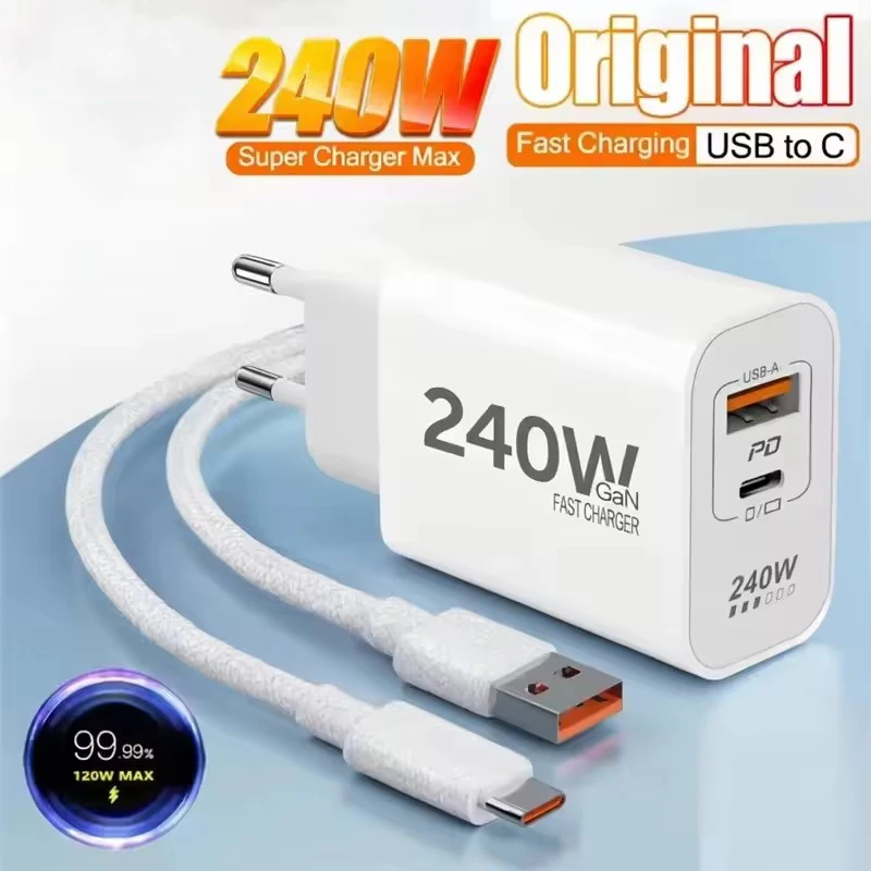 240W GaN Charger 2-Port Fast Charging Phone Charger USB C Power Adapter For iPhone 18 Duo Samsung Xiaomi EU/US Plug Wall Charger