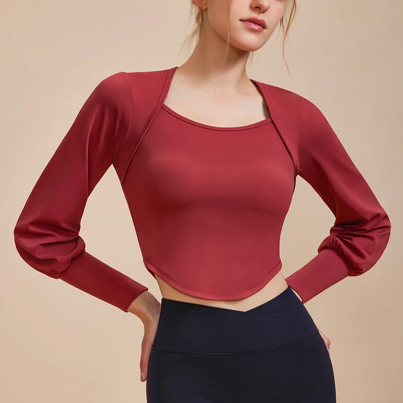 Chemises de yoga à manches longues pour femmes, style cour française, chemises de sport, mince, course, PVD, filles, ourlet incurvé, gymnase, fitness, chemisier en Y