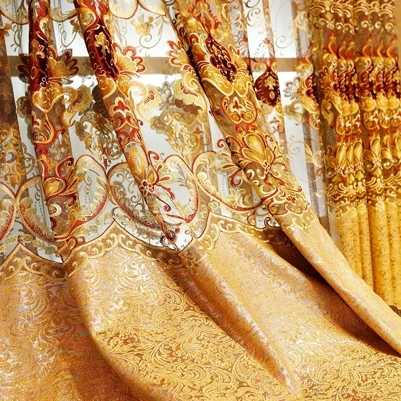 

Embroidered Gauze Window Golden Elegant Bedroom Curtains Valance for Living Room European Style High End Embroidery