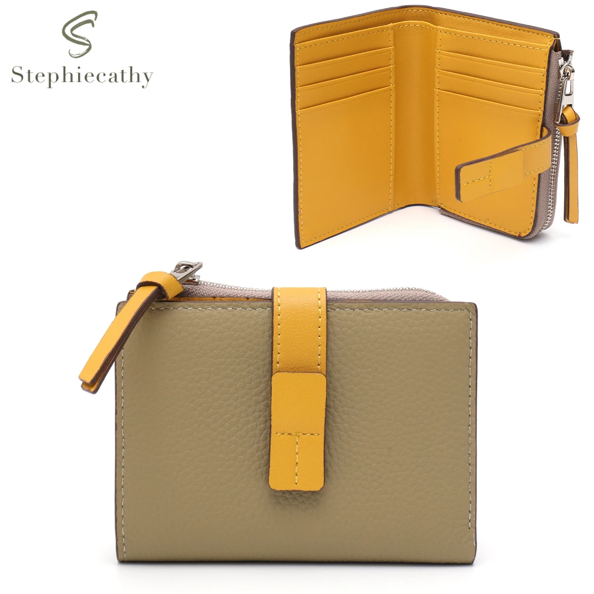 

Women Fashion Contrast Color Real Leather Bifold Short Wallet Multi Functional Card Holder Zip Pocket Cash Slot Coin Purse Daily