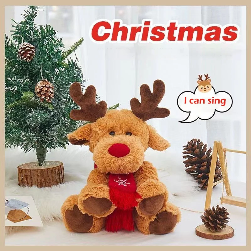 Stuffed Christmas Reindeer Plush Toy Light Up Xmas Plush Elk with Red Scarf Stuffed Plush Dolls Winter Holiday Gifts