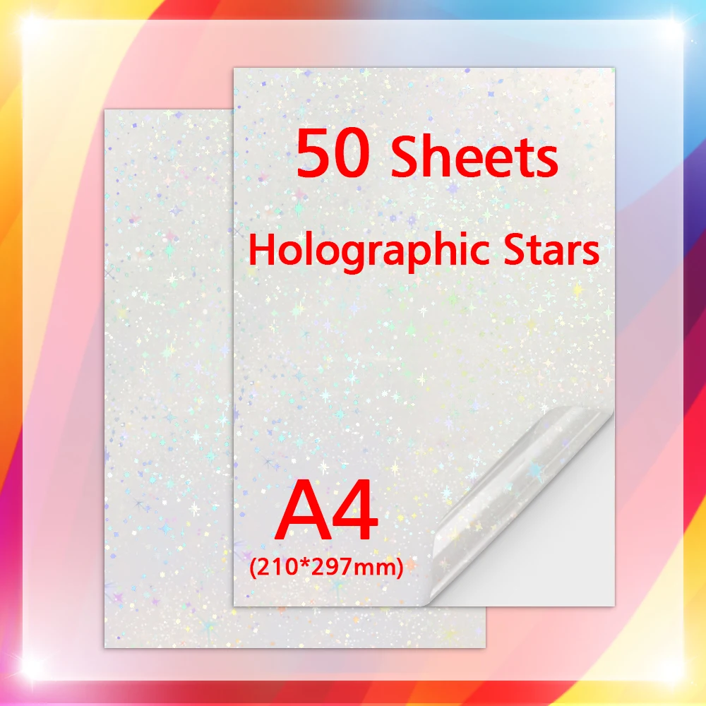 50 Sheets Adhesive Cold Laminating Film A4 Paper Holographic Film Stars Glass Heart Glitter to DIY Color Photo Laminating Film