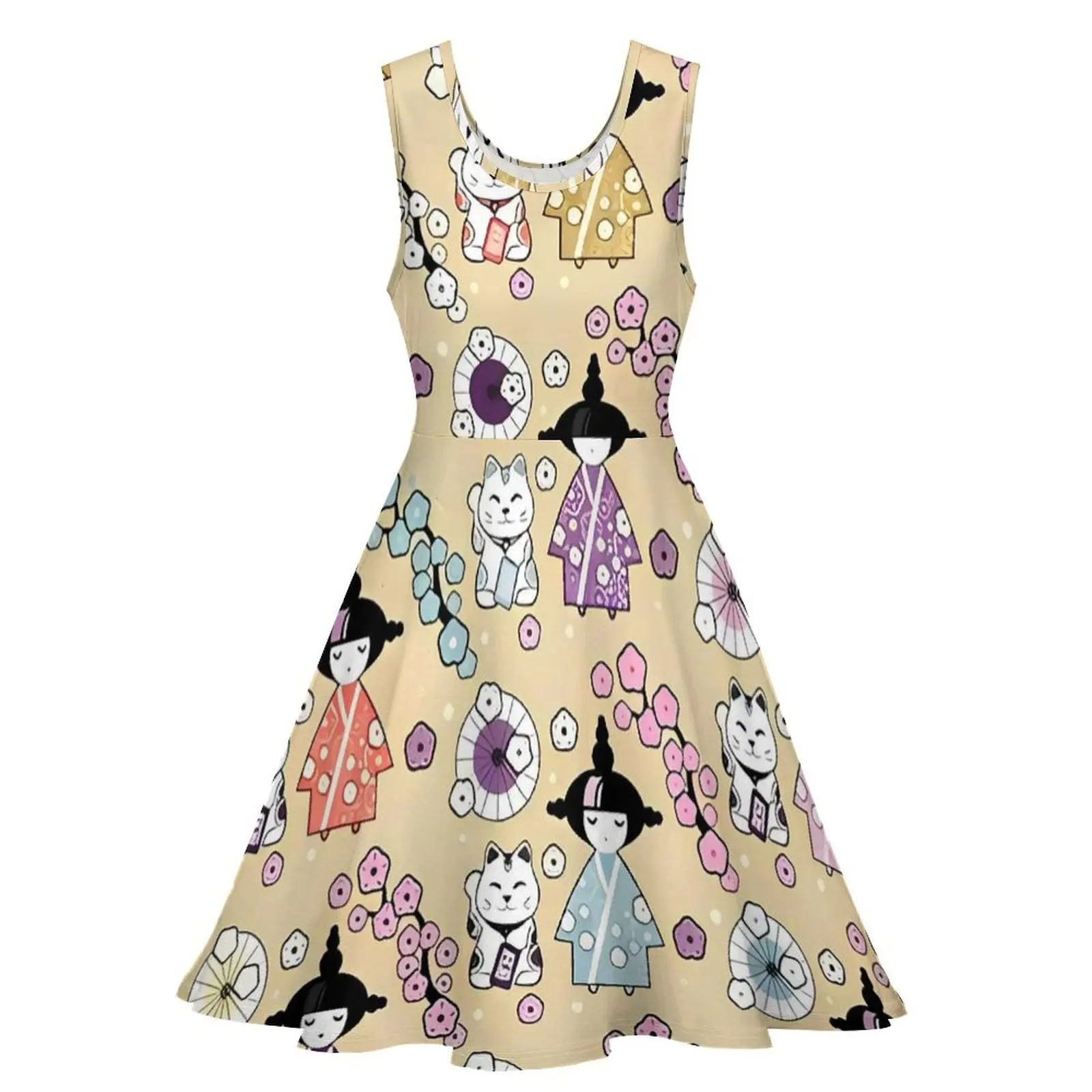 Cute Japanese Dolls Dress Kokeshi and Maneki Neko Cats Vintage Dresses Sleeveless Fashion Skate Dress Summer Oversized Vestidos