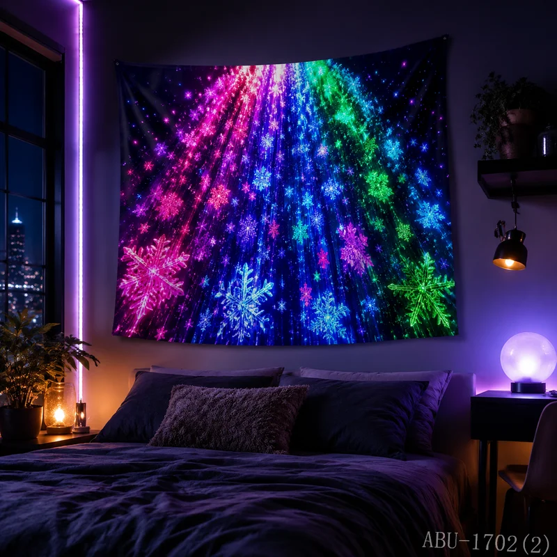 VIKAMA Neon Blue Purple Orange Vortex Snowflake Galaxy Starry Gem Radiant Christmas Tapestry Wall Hanging Bedroom Living Room