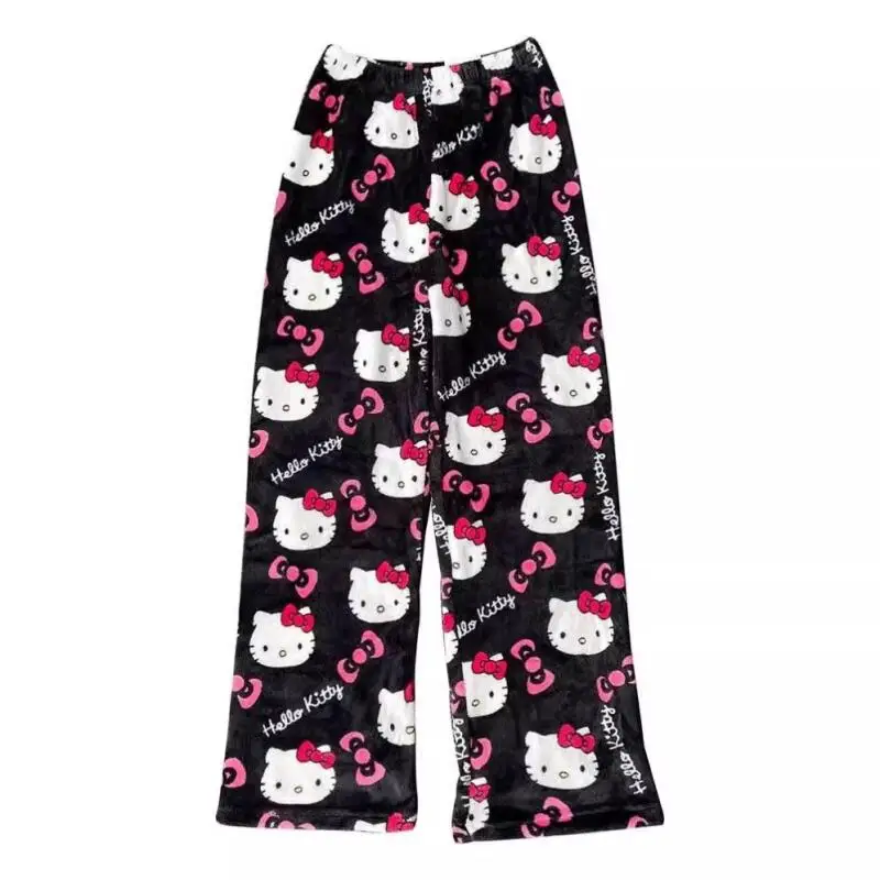 Cute Autumn Winter New Hello Kitty Hot Style Sweet Hottie Warm Wear Casual Trousers Straight Pants Women's Home Flannel Pajamas view 4