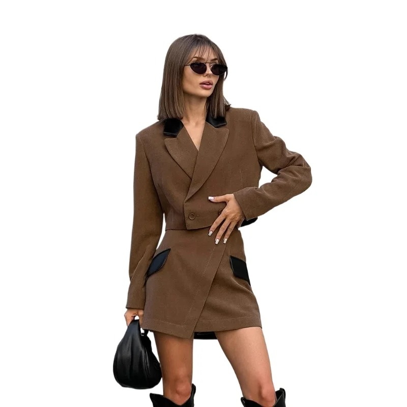 

Осенний новый сезон, высококачественный повседневный костюм в европейском и американском стиле, женская короткая юбка с высокой талией в тон, комплект из двух предметов